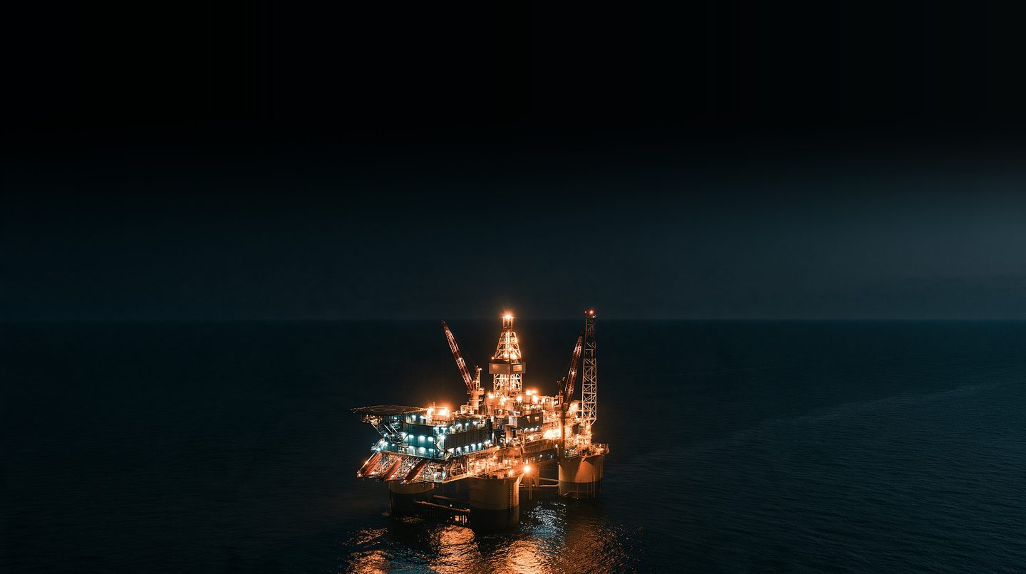 An offshore oil platform lit up at night