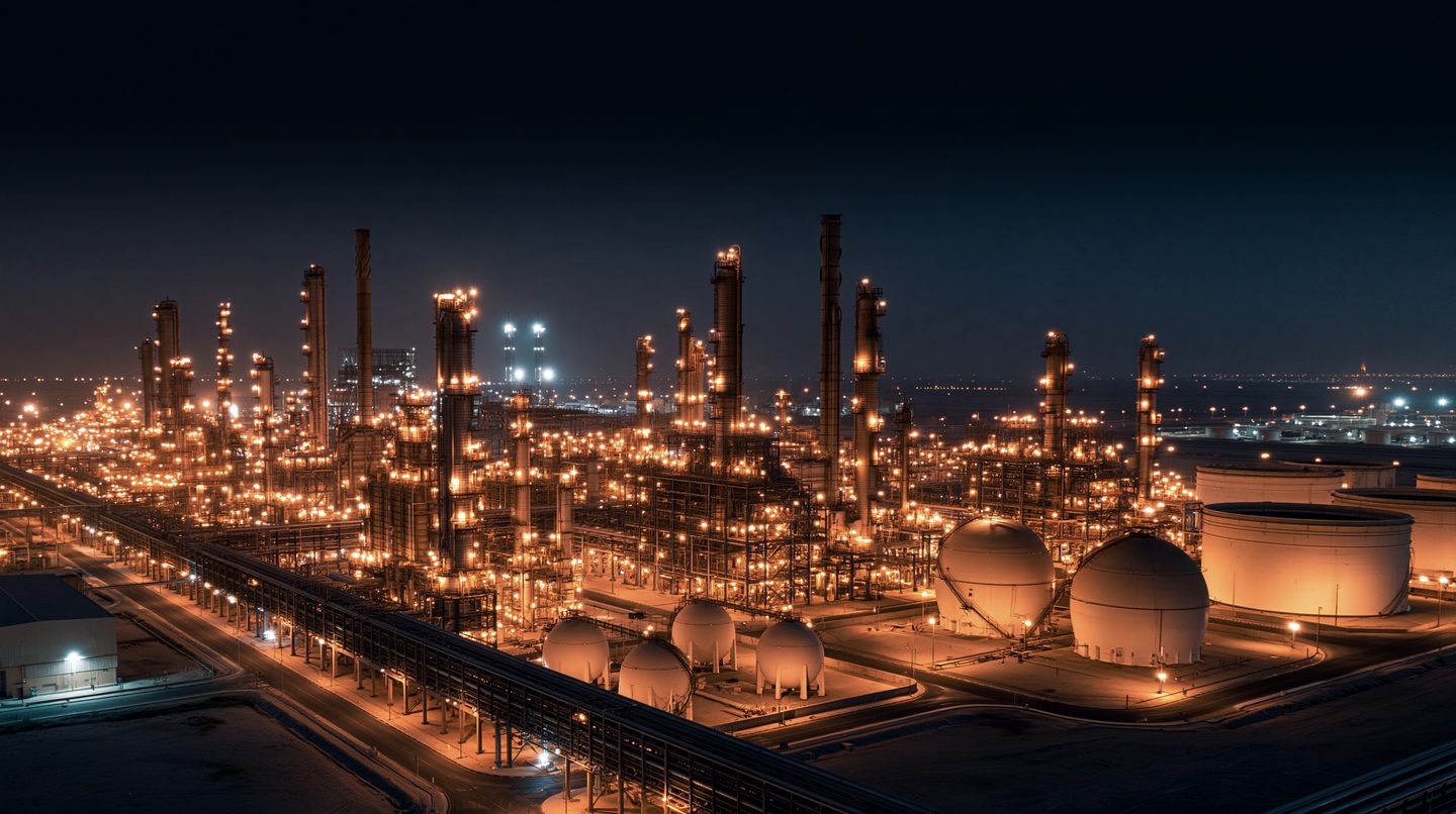 A refinery and petrochemical complex at night, with lit towers and spherical tanks