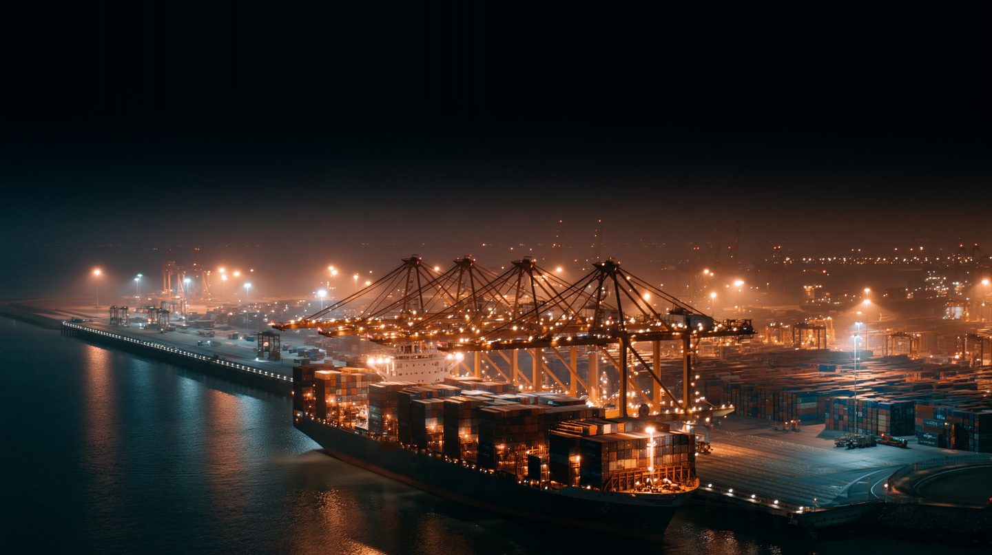A container port at night, with lit cranes and a cargo ship at the quay